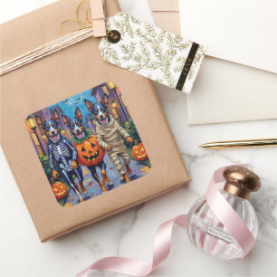 Blue Heeler Dogs Trick-or-Treating in Halloween Co Square Sticker