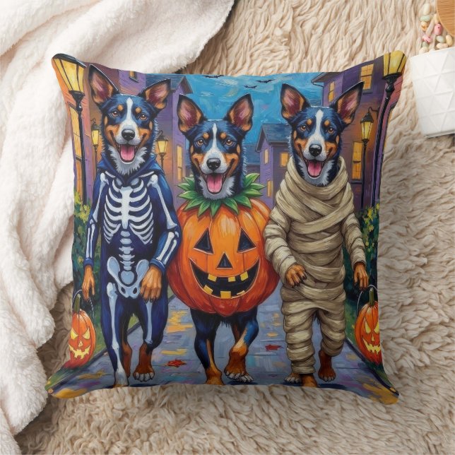 Blue Heeler Dogs Trick-or-Treating in Halloween Co Throw Pillow (Blanket)