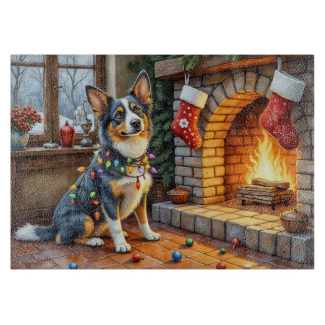 Blue Heeler Fireplace with Christmas Lights Cutting Board (Front)