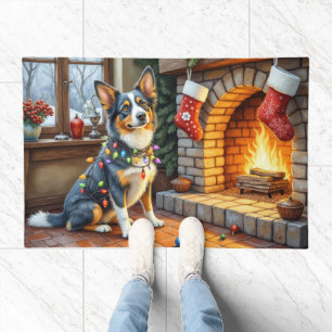 Blue Heeler Fireplace with Christmas Lights Doormat