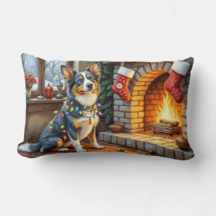 Blue Heeler Fireplace with Christmas Lights Lumbar Pillow