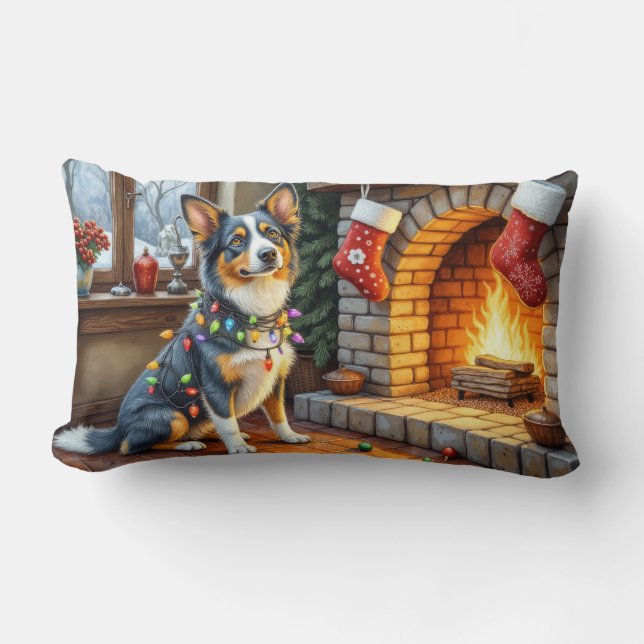 Blue Heeler Fireplace with Christmas Lights Lumbar Pillow (Front)