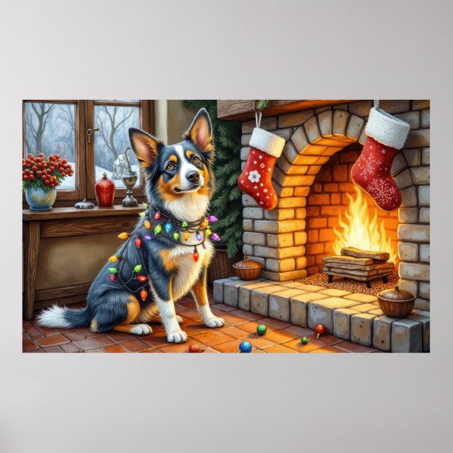 Blue Heeler Fireplace with Christmas Lights Poster (Front)