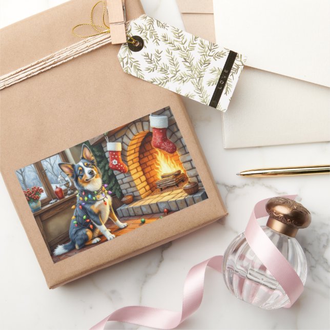 Blue Heeler Fireplace with Christmas Lights Rectangular Sticker (Gifting)