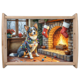 Blue Heeler Fireplace with Christmas Lights Serving Tray