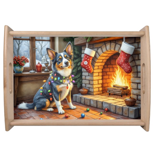 Blue Heeler Fireplace with Christmas Lights Serving Tray (Front)