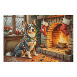 Blue Heeler Fireplace with Christmas Lights Wood Wall Art