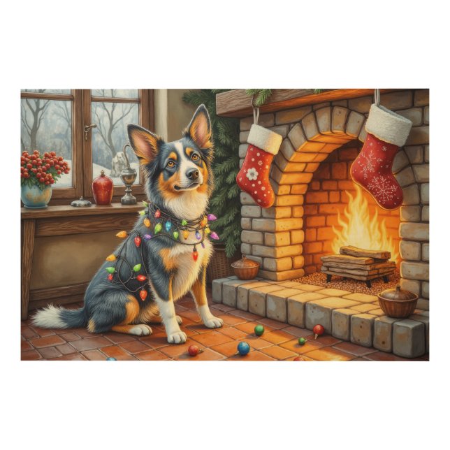 Blue Heeler Fireplace with Christmas Lights Wood Wall Art (Front)
