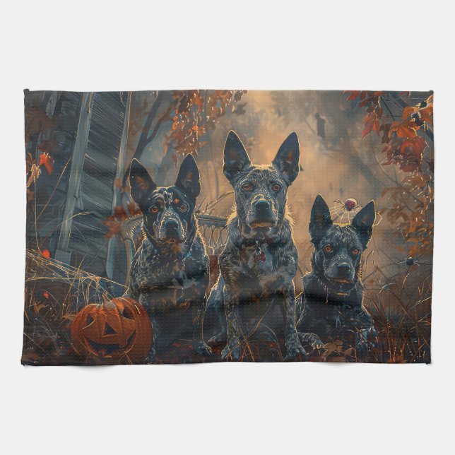 Blue Heeler Halloween Night Doggy Delight Kitchen Towel (Horizontal)