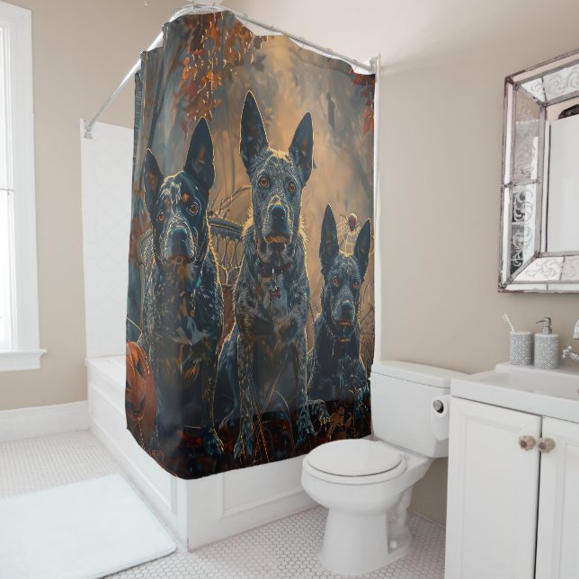 Blue Heeler Halloween Night Doggy Delight Shower Curtain (In Situ)
