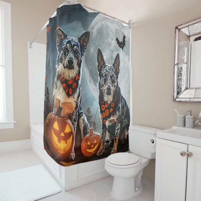 Blue Heeler Halloween Spooky Shower Curtain (In Situ)