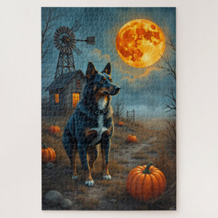 Blue Heeler Haunted Farm Halloween Artwork Jigsaw Puzzle