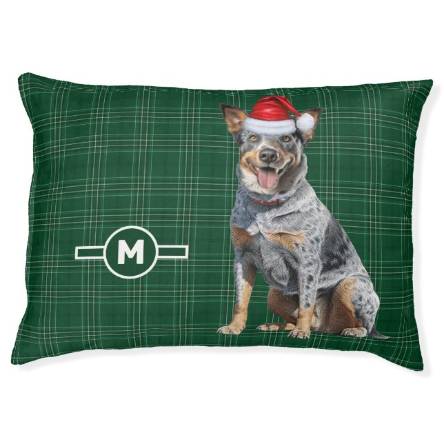 Blue Heeler Holiday Green Plaid Monogrammed Dog Pet Bed (Front)