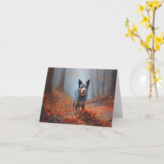 Blue Heeler in Autumn Leaves Fall Inspire Card (Yellow Flower)