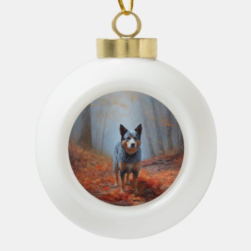 Blue Heeler in Autumn Leaves Fall Inspire Ceramic Ball Christmas Ornament