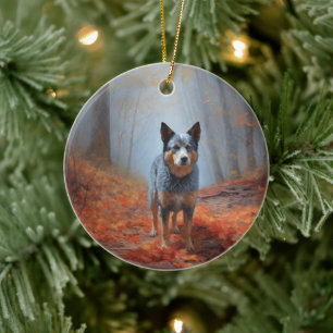 Blue Heeler in Autumn Leaves Fall Inspire Ceramic Ornament