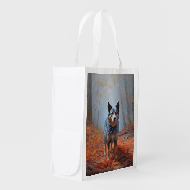 Blue Heeler in Autumn Leaves Fall Inspire Grocery Bag (Front Side)