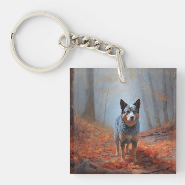 Blue Heeler in Autumn Leaves Fall Inspire Keychain (Front)