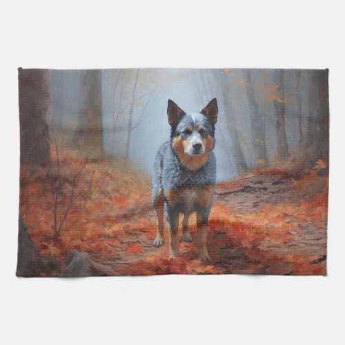 Blue Heeler in Autumn Leaves Fall Inspire Kitchen Towel