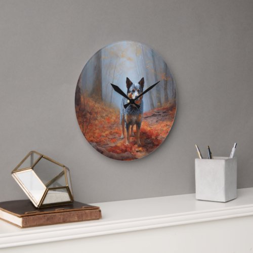 Blue Heeler in Autumn Leaves Fall Inspire Large Clock