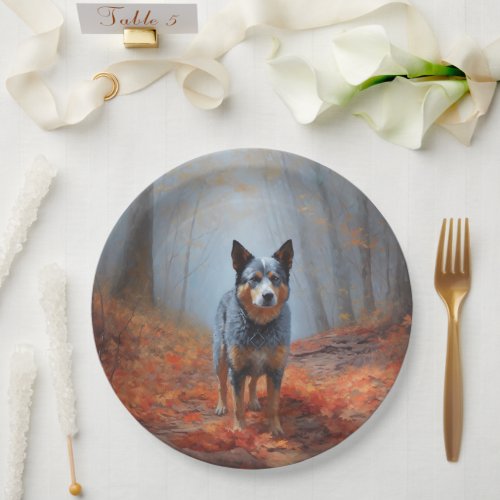 Blue Heeler in Autumn Leaves Fall Inspire Paper Plates