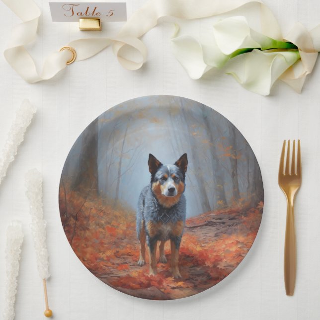 Blue Heeler in Autumn Leaves Fall Inspire Paper Plates (Wedding)