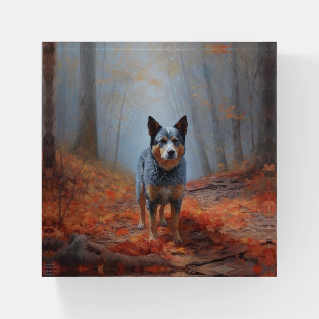 Blue Heeler in Autumn Leaves Fall Inspire Paperweight (Front)