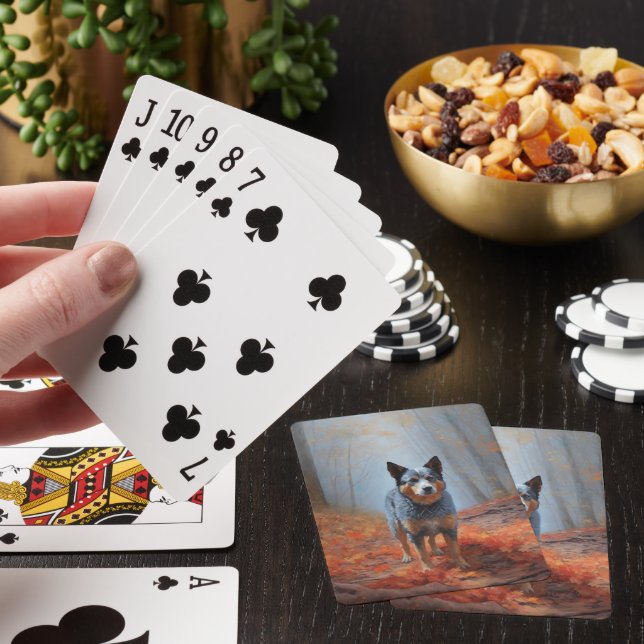 Blue Heeler in Autumn Leaves Fall Inspire Poker Cards (In Situ)