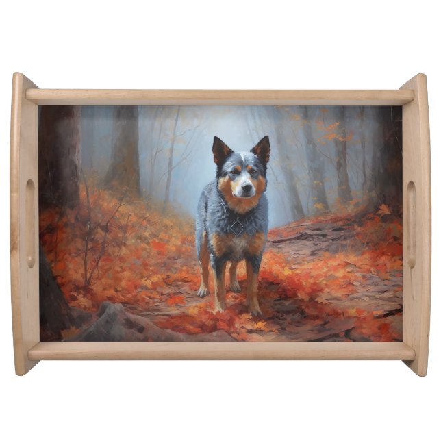 Blue Heeler in Autumn Leaves Fall Inspire Serving Tray (Front)