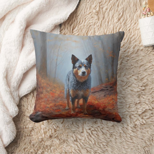 Blue Heeler in Autumn Leaves Fall Inspire Throw Pillow (Blanket)