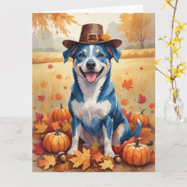 Blue Heeler In Autumn Leaves Thanksgiving Art Card (Yellow Flower)