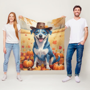 Blue Heeler In Autumn Leaves Thanksgiving Art Fleece Blanket