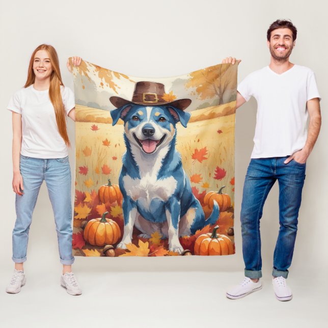 Blue Heeler In Autumn Leaves Thanksgiving Art Fleece Blanket (In Situ)