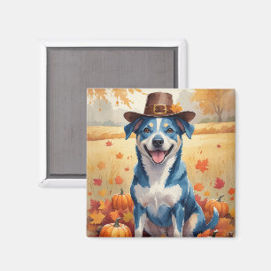 Blue Heeler In Autumn Leaves Thanksgiving Art Magnet