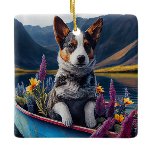 Blue Heeler on a Paddle: A Scenic Adventure Ceramic Ornament