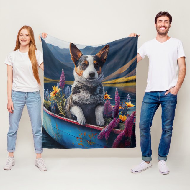 Blue Heeler on a Paddle: A Scenic Adventure Fleece Blanket (In Situ)