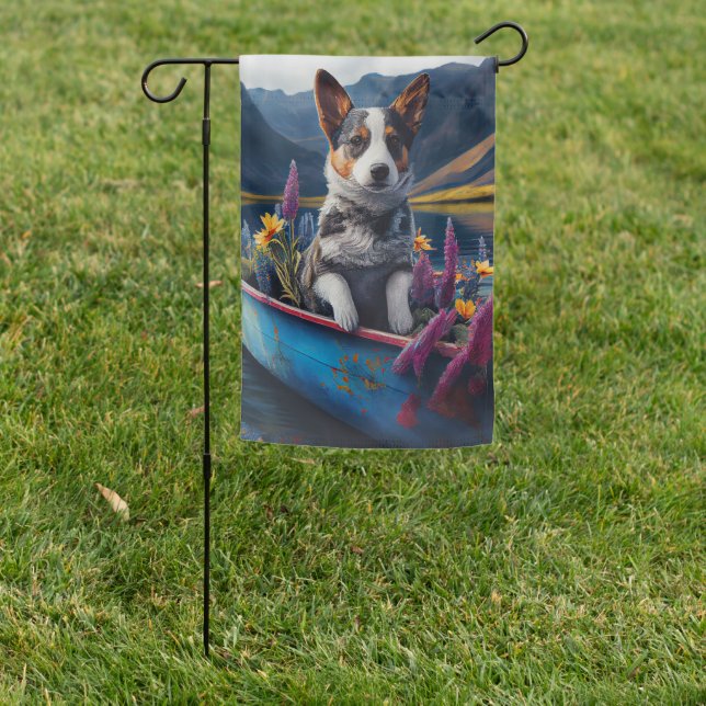 Blue Heeler on a Paddle: A Scenic Adventure Garden Flag (In SItu)