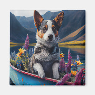 Blue Heeler on a Paddle: A Scenic Adventure Magnet