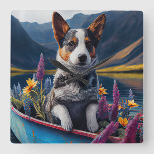 Blue Heeler on a Paddle: A Scenic Adventure Square Wall Clock