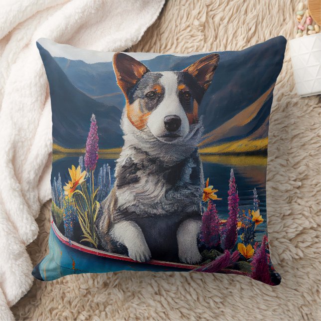 Blue Heeler on a Paddle: A Scenic Adventure Throw Pillow (Blanket)