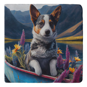 Blue Heeler on a Paddle: A Scenic Adventure Trivet