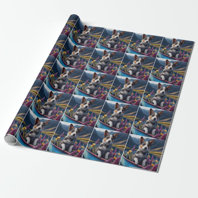 Blue Heeler on a Paddle: A Scenic Adventure Wrapping Paper (Unrolled)