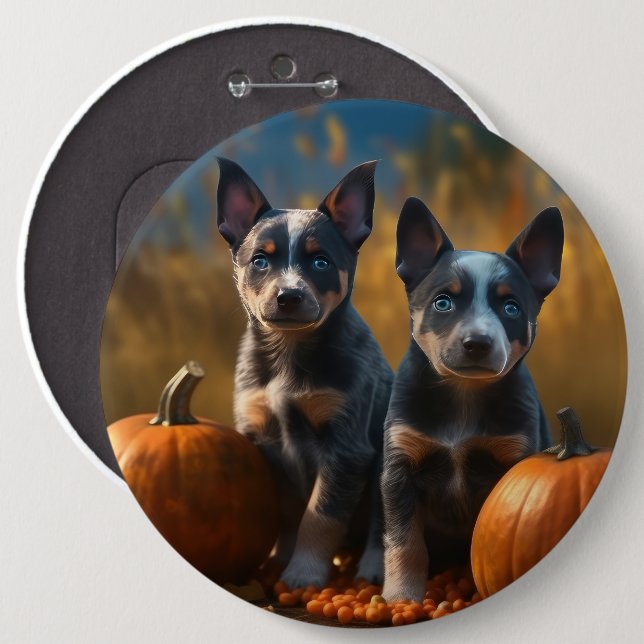 Blue Heeler Puppy Autumn Delight Pumpkin Button (Front & Back)
