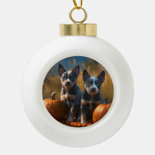 Blue Heeler Puppy Autumn Delight Pumpkin Ceramic Ball Christmas Ornament