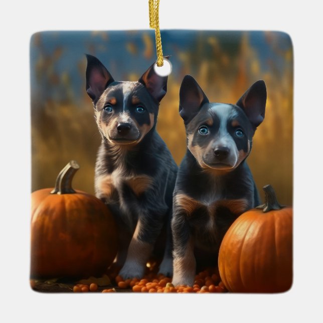 Blue Heeler Puppy Autumn Delight Pumpkin Ceramic Ornament (Front)