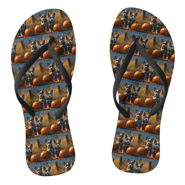 Blue Heeler Puppy Autumn Delight Pumpkin Flip Flops (Footbed)