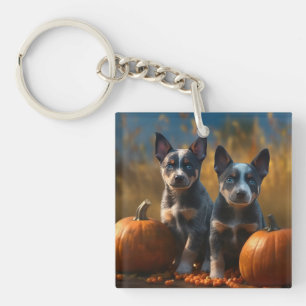 Blue Heeler Puppy Autumn Delight Pumpkin Keychain