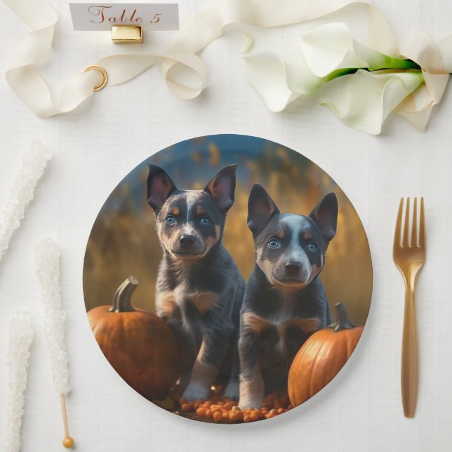 Blue Heeler Puppy Autumn Delight Pumpkin Paper Plates (Wedding)