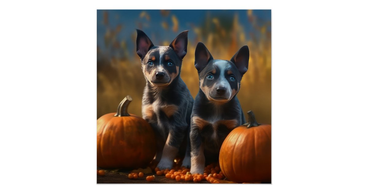 Blue Heeler Puppy Autumn Delight Pumpkin Poster Zazzle blue-heeler-puppy-autumn-delight-pumpkin-poster-zazzle