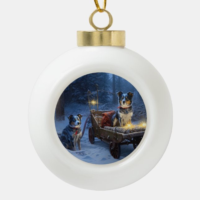 Blue Heeler Snowy Sleigh Christmas Decor  Ceramic Ball Christmas Ornament (Front)